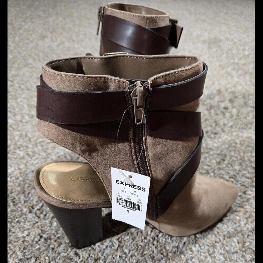 Express Pointed Toe Open Back Tan High Heel Shoe … - image 5